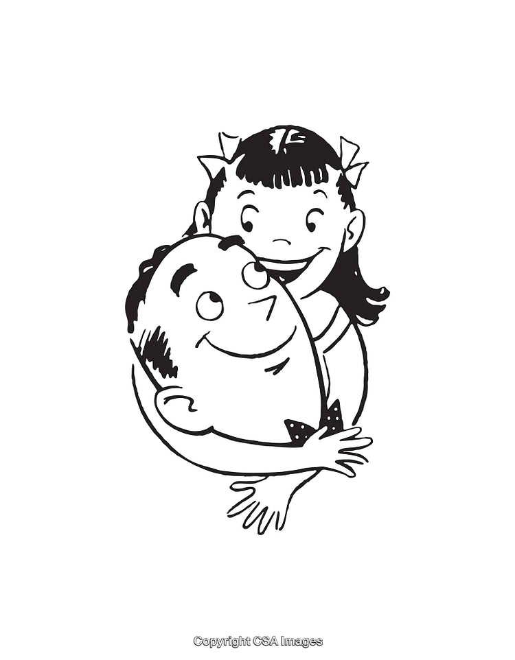 Vintage Black and White Illustration of Child Hugging an Adult Smiling