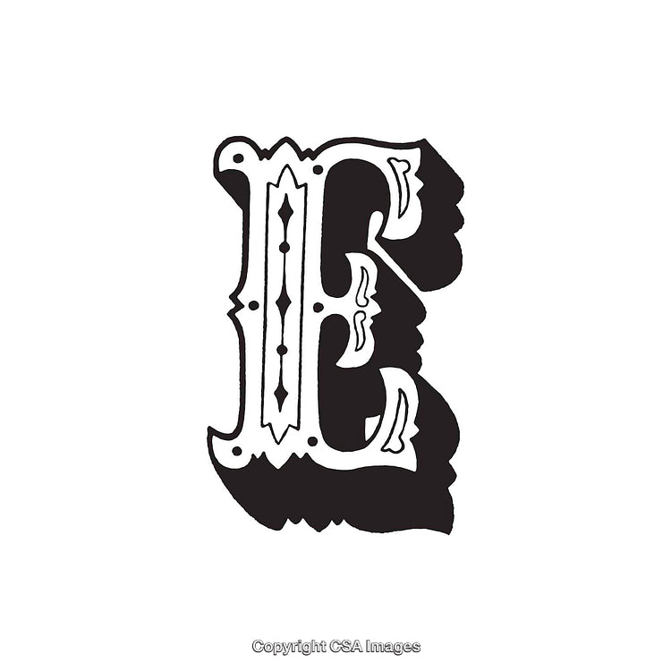 Intricately Designed Decorative Letter E in Black and White