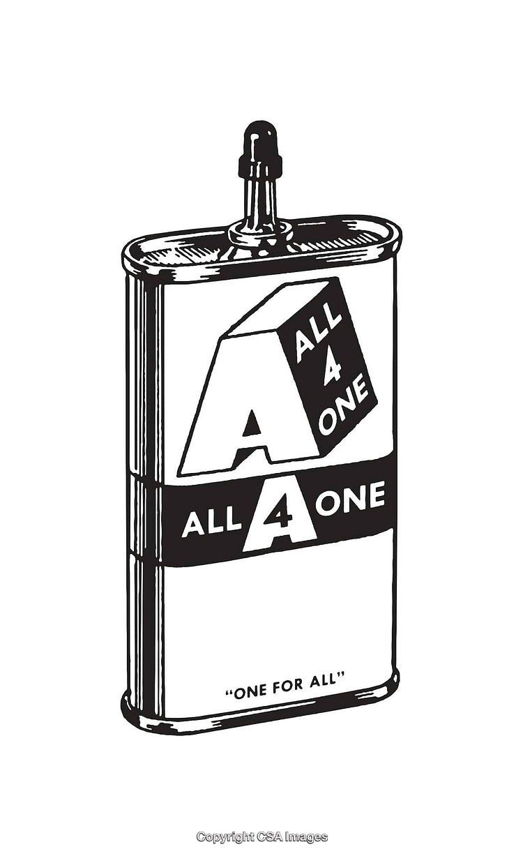 Black and White Line Art Illustration of a Product with 'All 4 One' Design