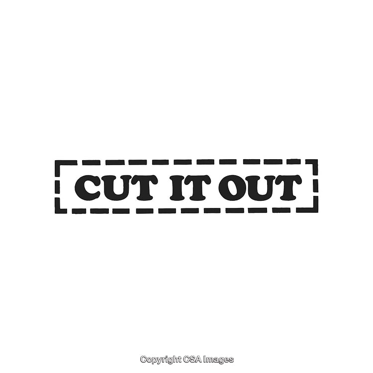 Cut It Out Text with Dotted Line in Black on White Background