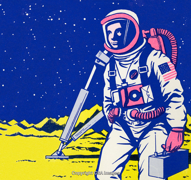 Astronaut Exploring Alien Landscape in Vibrant Retro-Style Illustration