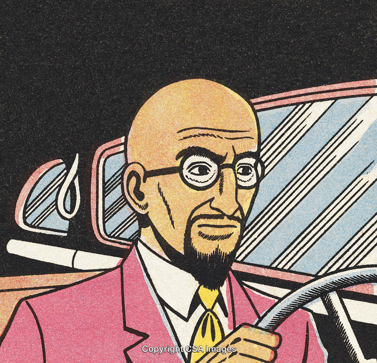 Man in Bright Suit Driving a Car, Retro Comic Style Illustration