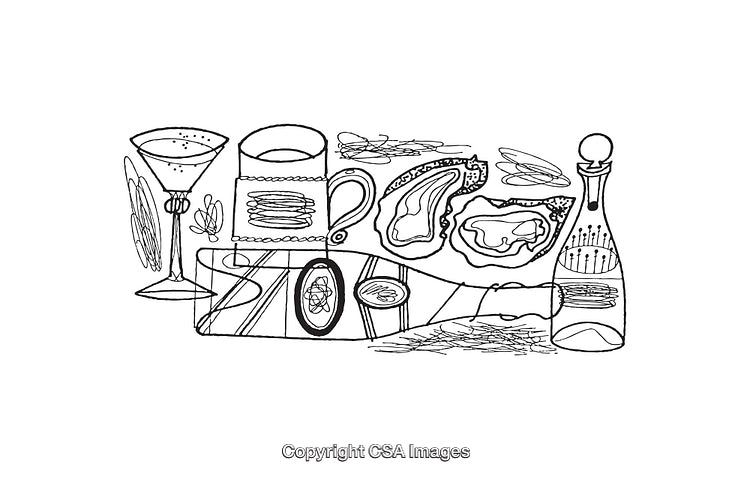 Black and White Line Art Illustration of a Dining and Beverage Setup