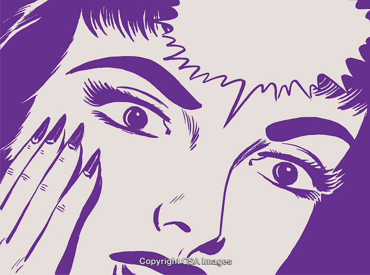 Retro Artistic Illustration of a Woman's Surprised Facial Expression in Purple Tones