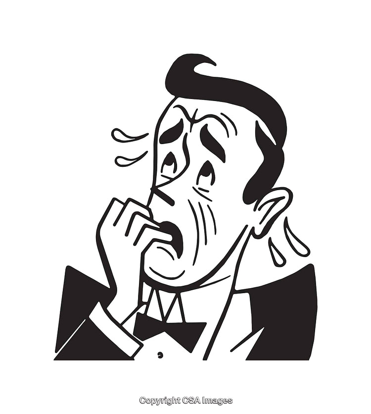 Black and White Illustration of a Nervous Man Biting His Fingernails