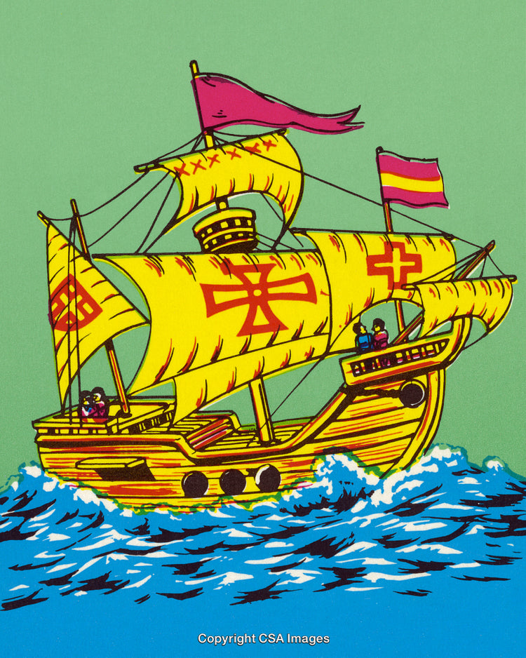 Historic Ship Illustration with Colorful Sails and Ocean Waves