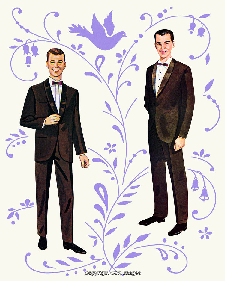 Classic Formal Portrait of Two Men with Floral and Dove Illustration