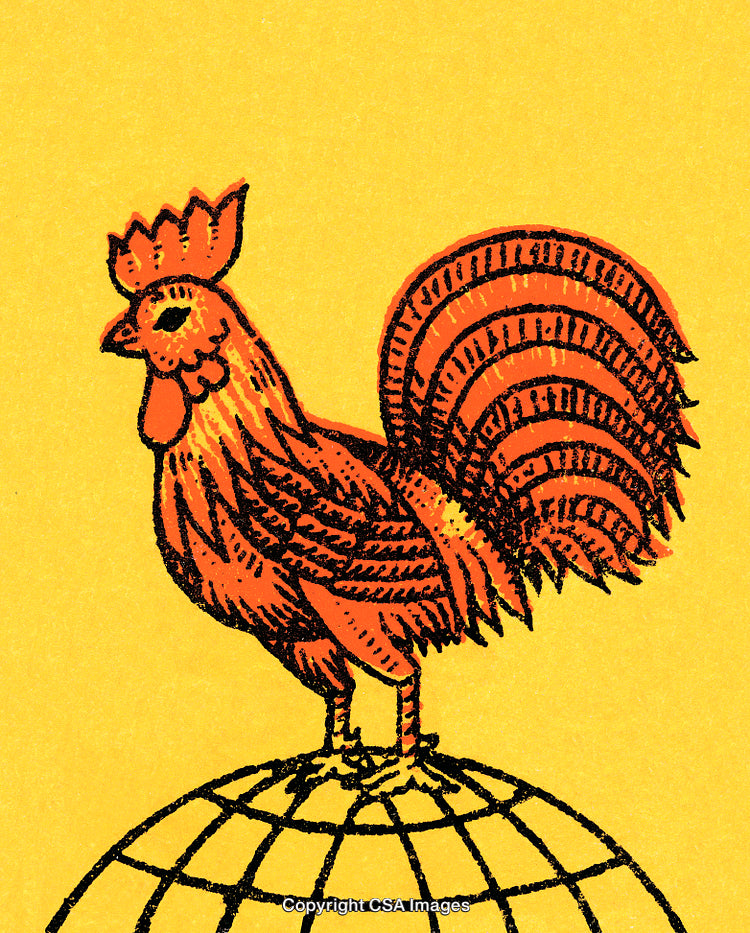 Bold Illustration of a Rooster Standing on a Globe with Vibrant Yellow Background
