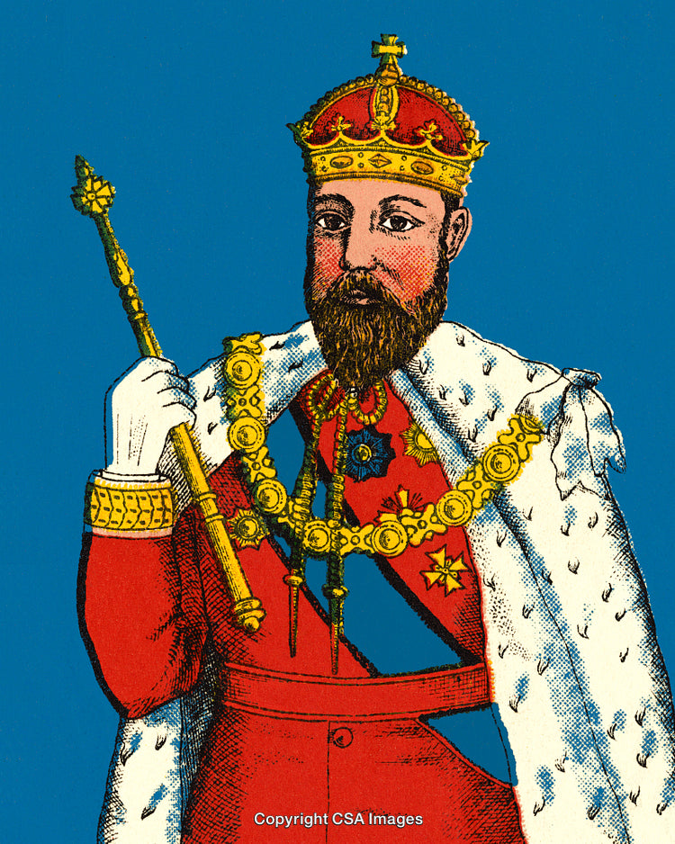 Vintage Illustrated Portrait of a King in Regal Attire with Royal Crown