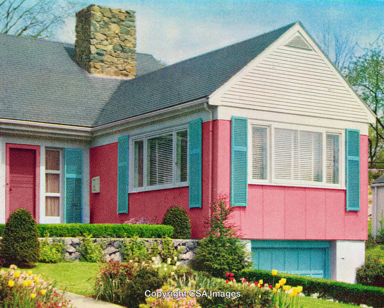 Charming Pink Suburban Home With Lush Garden Landscaping and Blue Shutters