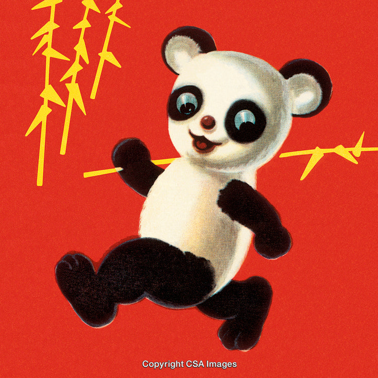 Cheerful Cartoon Panda on Red Background Holding Bamboo Stalk