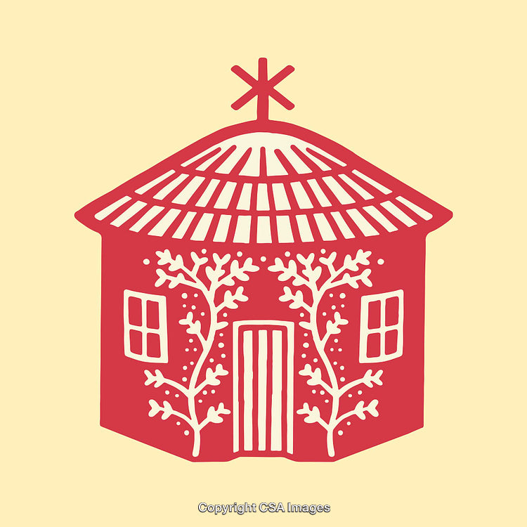 Red Rustic House with Floral Decorations on Light Yellow Background