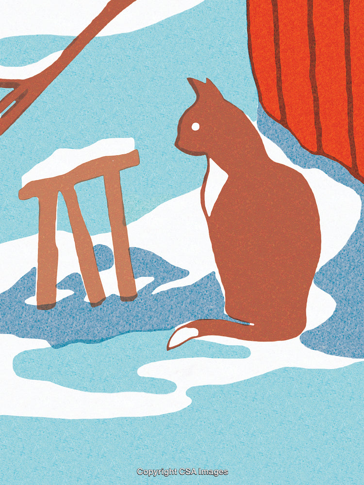 Illustration of Cat and Stool in A Snowy Outdoor Setting