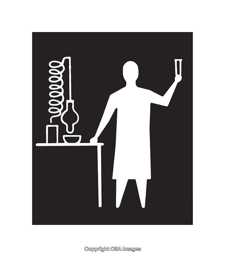 Black and White Line Art of a Scientist in a Laboratory Setup