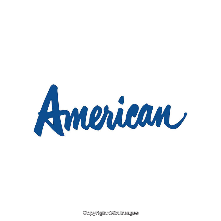 Blue Cursive Text Depicting the Word American on White Background