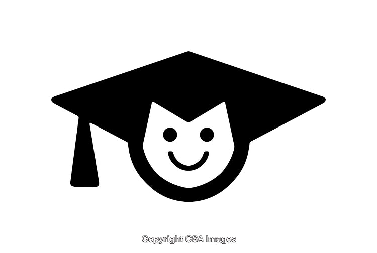 Smiley Face Icon Wearing Graduation Cap, Simplistic Black and White Illustration