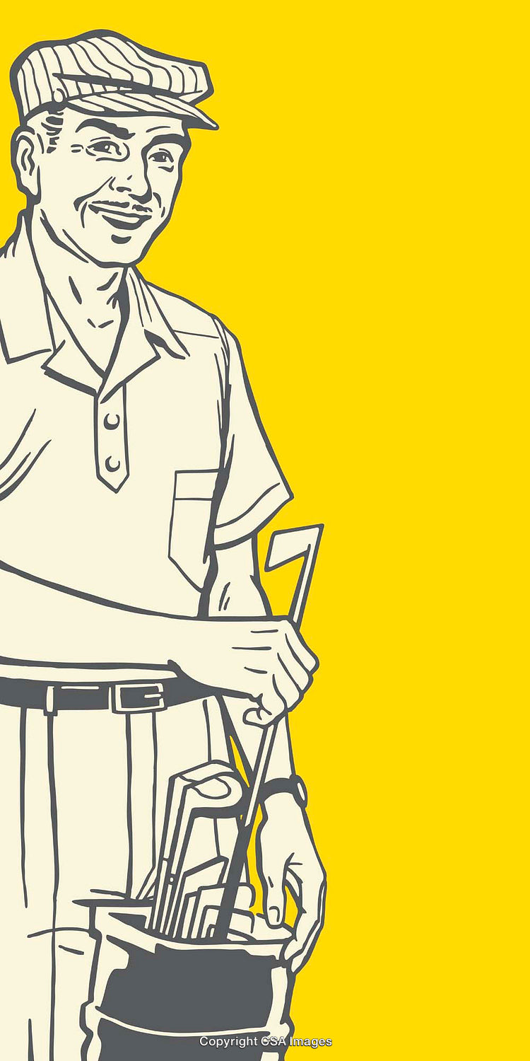 Vintage Golf Player Illustration with Yellow Background and Stylized Line Art