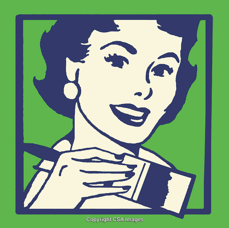 Vintage Illustration of a Smiling Woman Holding Paintbrush on Green Background