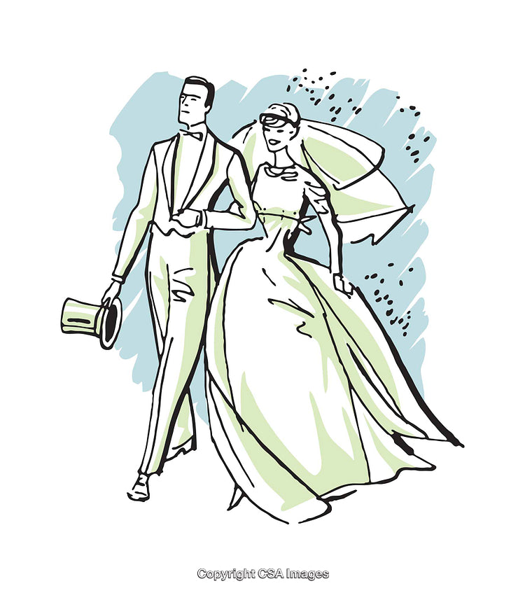 Elegant Cartoon Illustration of a Bride and Groom on Their Wedding Day