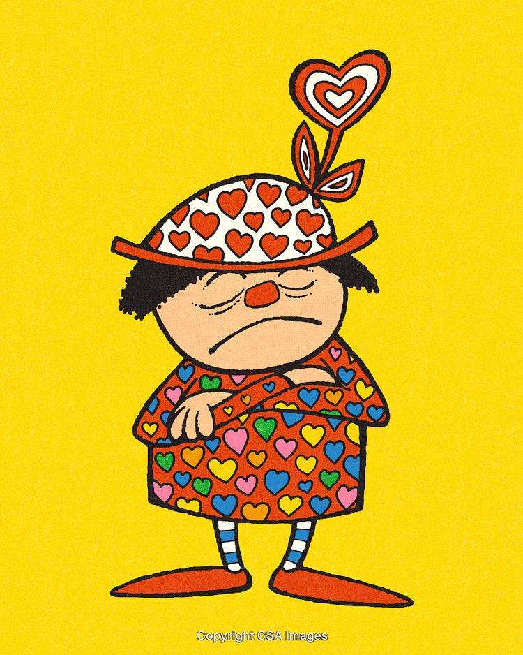 Sad Cartoon Character With Heart Decorated Outfit Against Yellow Background