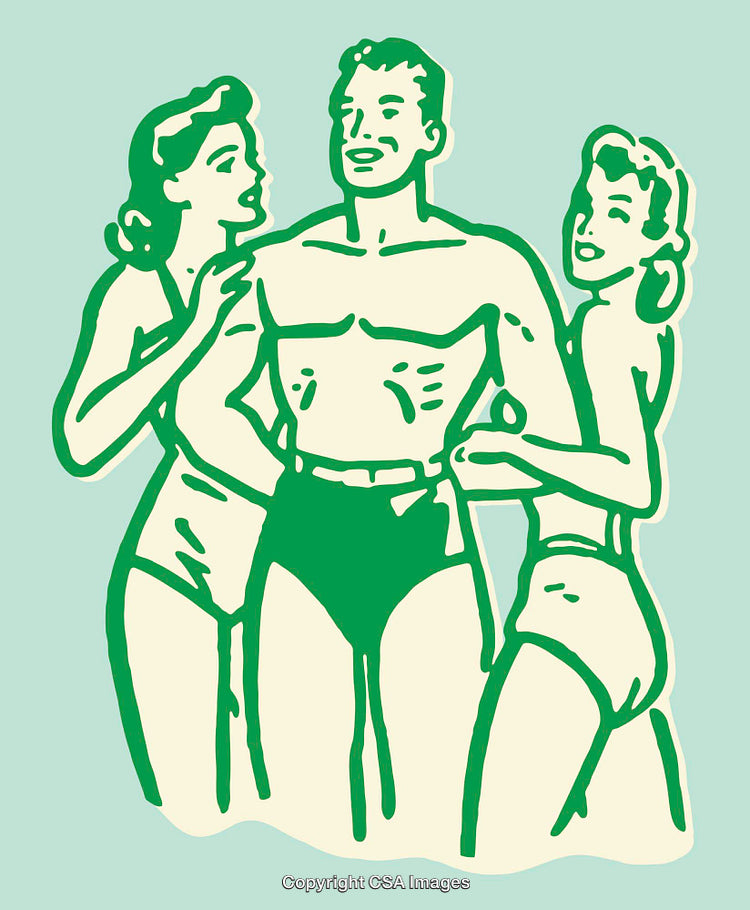 Vintage Line Art Illustration of Figures in Swimsuits and Retro Style