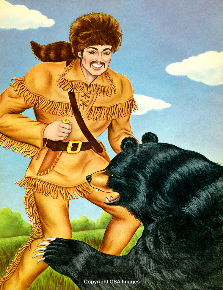 Illustration of a Pioneer Engaged with a Bear in an Outdoor Setting