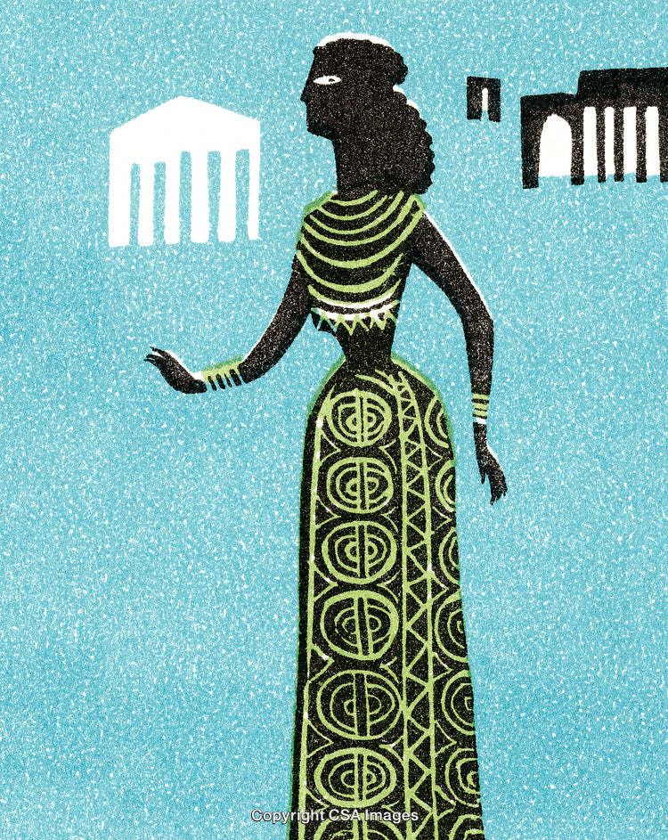 Illustration of a Woman in Traditional Robe With Classical Monuments