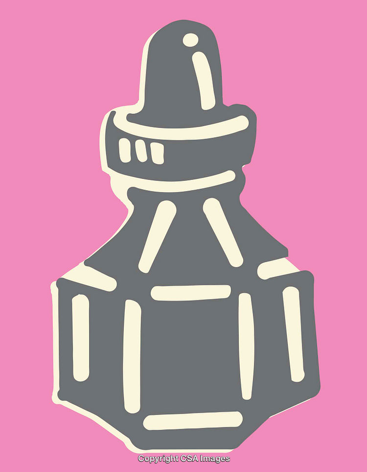 Stylized Illustration of a Perfume Bottle with Bold Colors on Pink Background