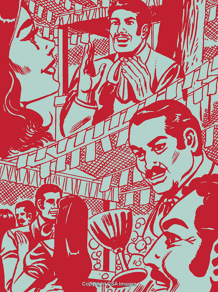 Retro Art Illustration of People Celebrating at a Festive Event