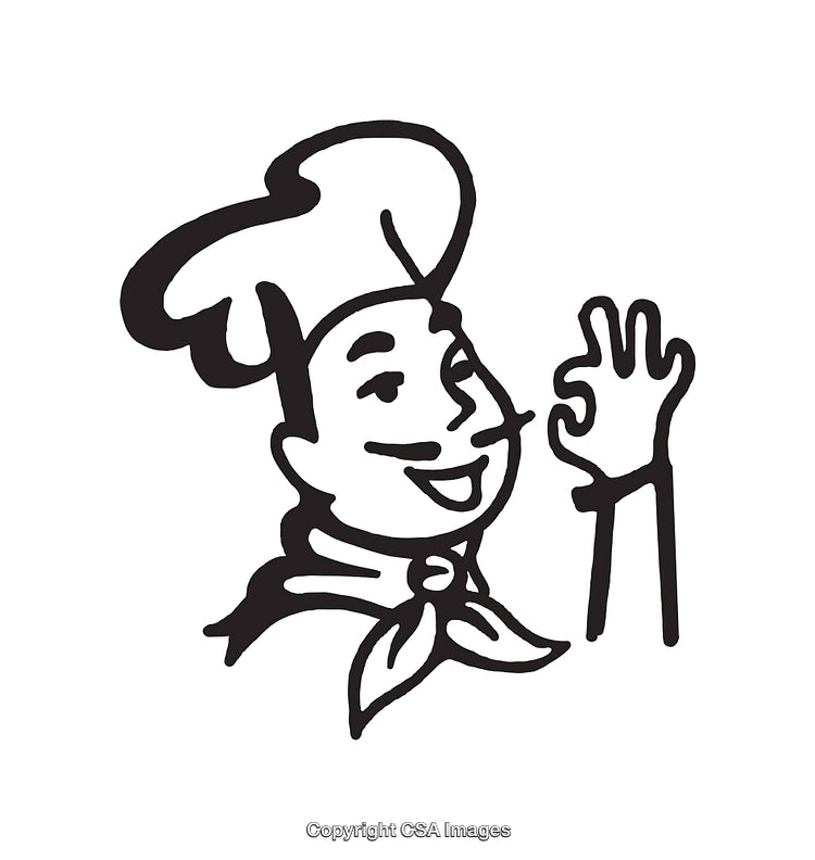 Black and White Line Art Illustration of a Friendly Cook Giving an OK Gesture