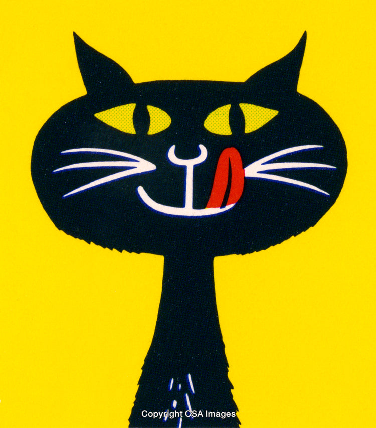 Black Cat Illustration with Yellow Background and Playful Expression