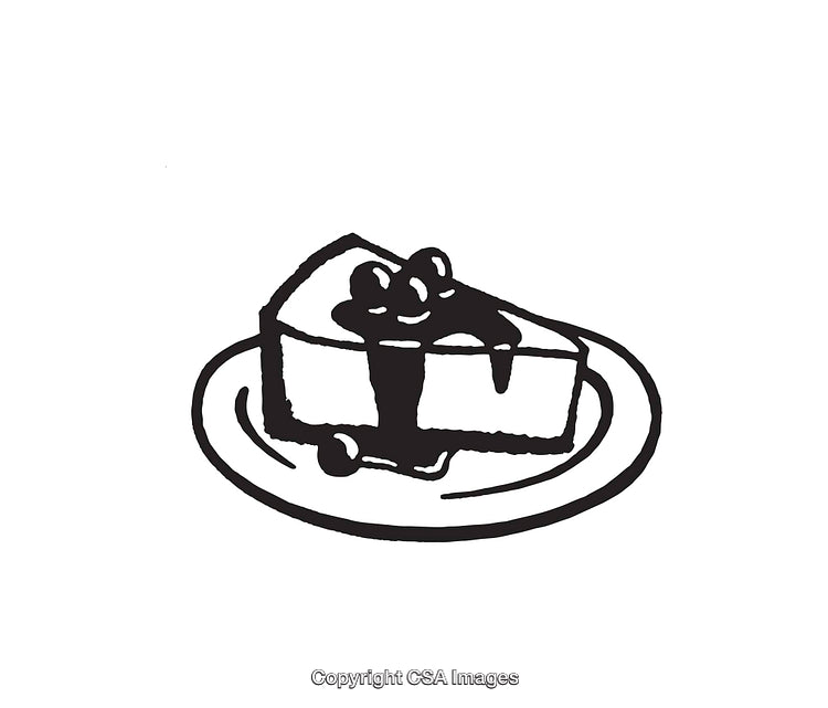 Black and White Illustration of a Cheesecake Slice with Sauce on a Plate