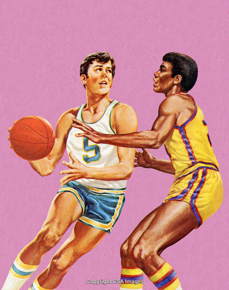 Two Players Engaged in a Competitive Game of Basketball on a Colorful Background