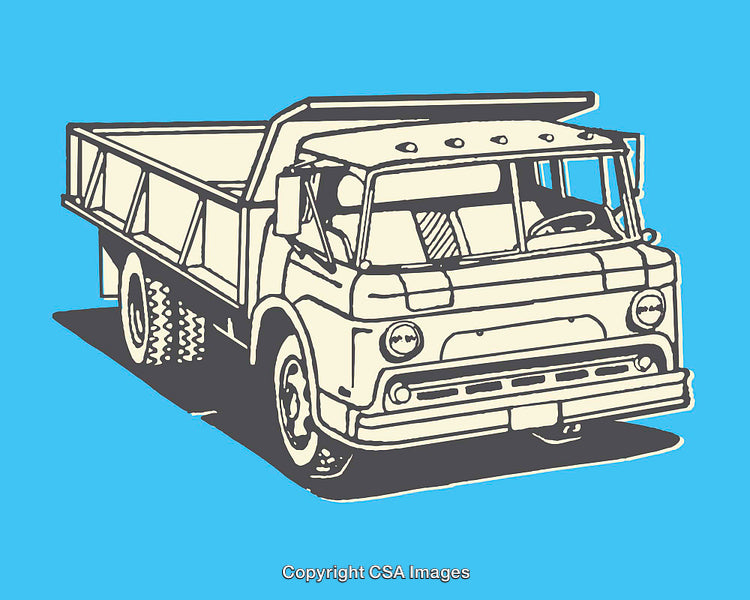 Color Line Art Illustration of a Dump Truck on a Blue Background