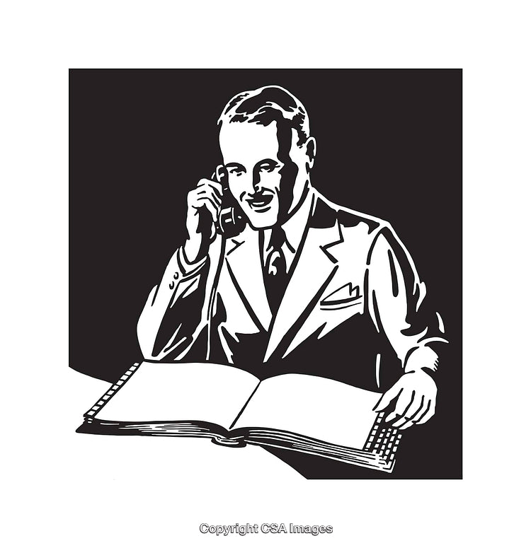 Retro Line Art of Businessman Speaking on Phone While Reading a Document