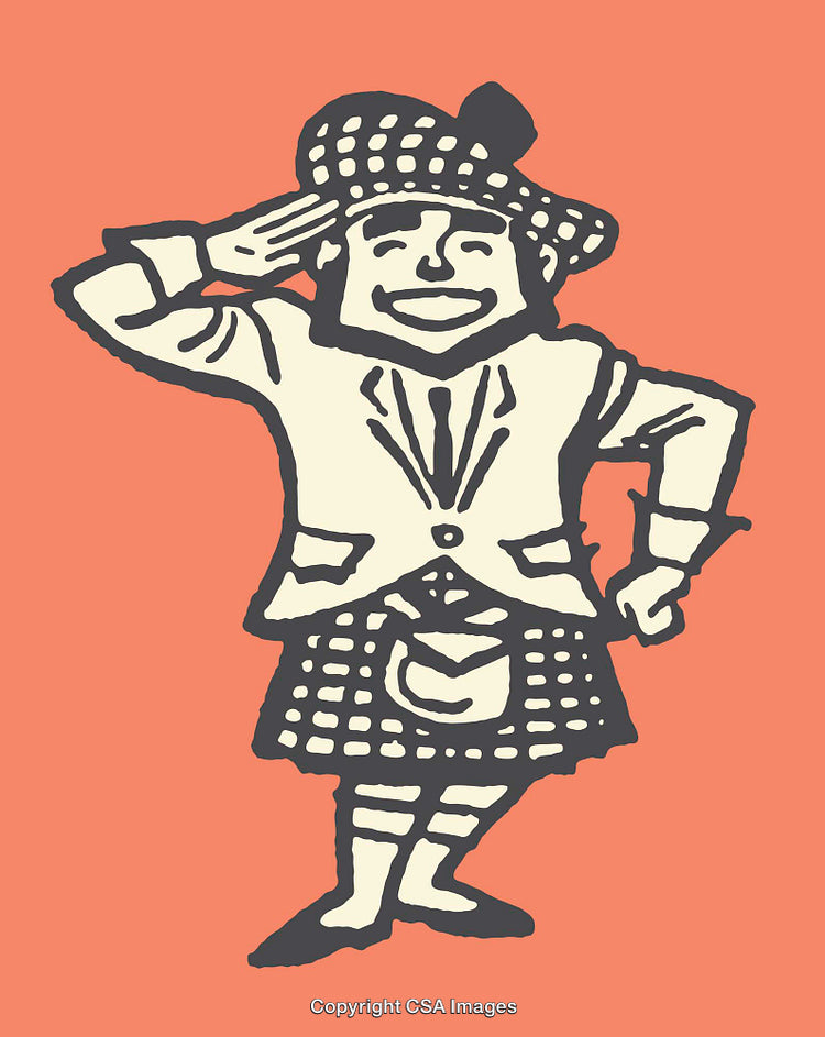 Vintage Scottish Character Wearing Traditional Outfit With Checkered Pattern