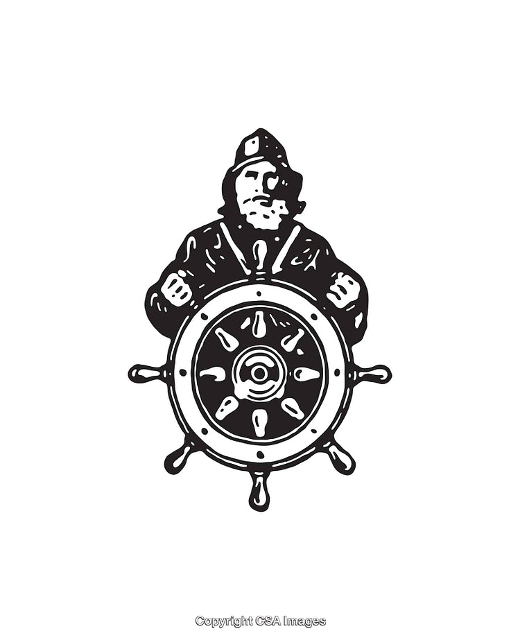 Captain Steering Ship with a Nautical Wheel Line Art Illustration