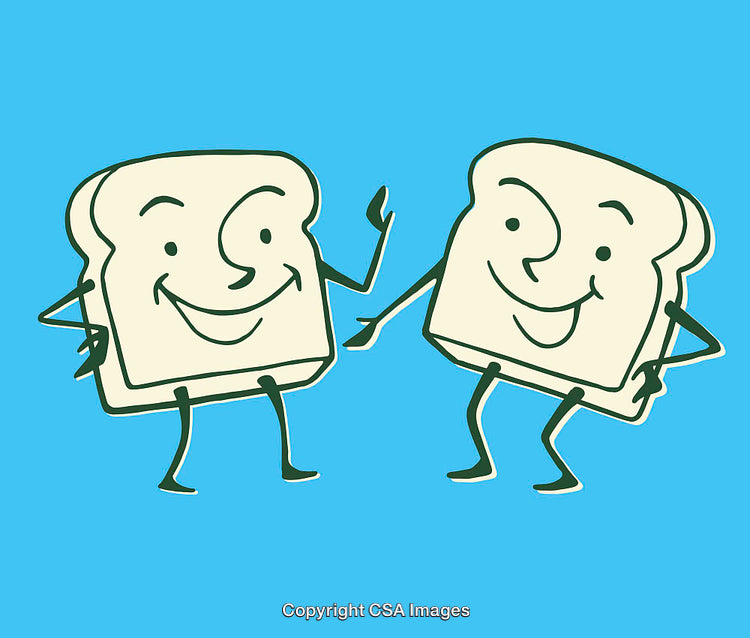 Cheerful Cartoon Bread Characters Waving Together On a Vibrant Blue Background