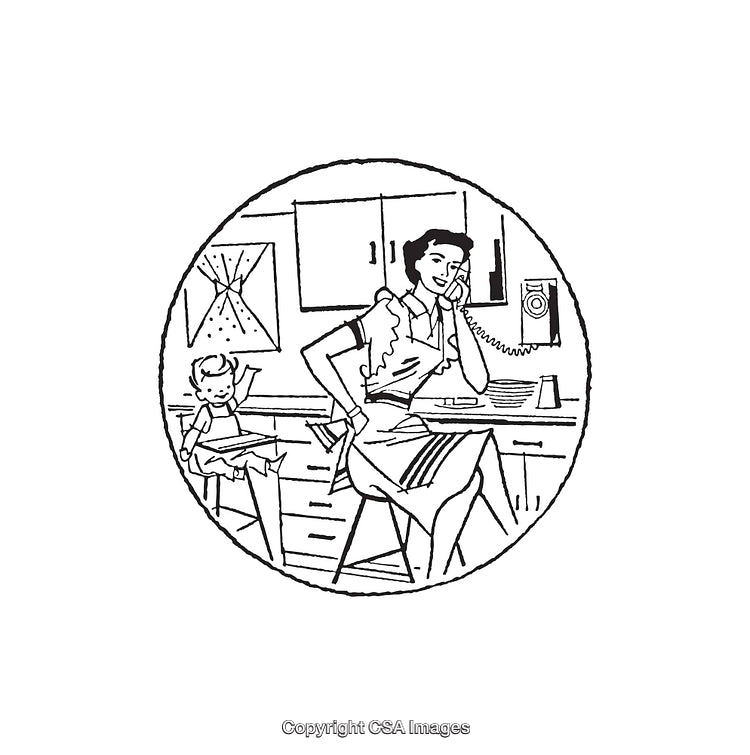 Retro Line Art of a Woman on the Phone in a Kitchen Scene