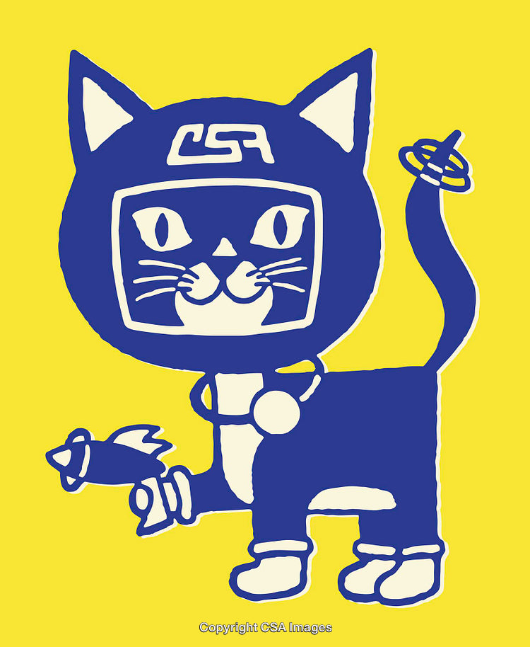 Colorful Line Art of an Astronaut Cat With a Rocket in Hand