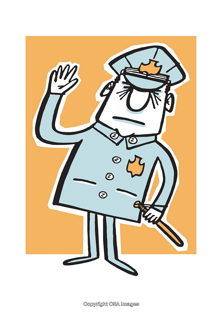 Cartoon Illustration of a Serious Police Officer in Uniform