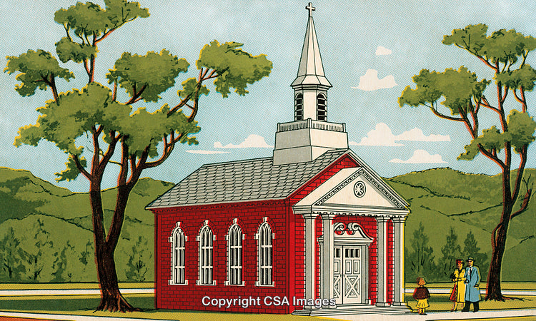 Charming Vintage Illustration of a Red Brick Church Amidst a Scenic Landscape