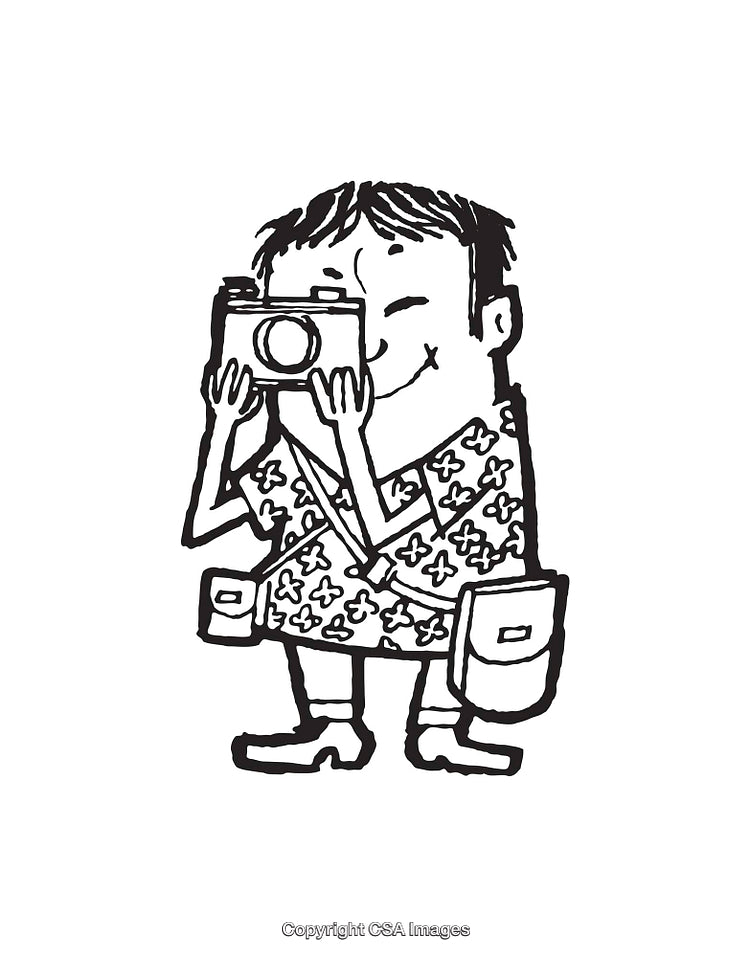 Illustration of a Cartoon Character Holding a Camera in Black and White Line Art
