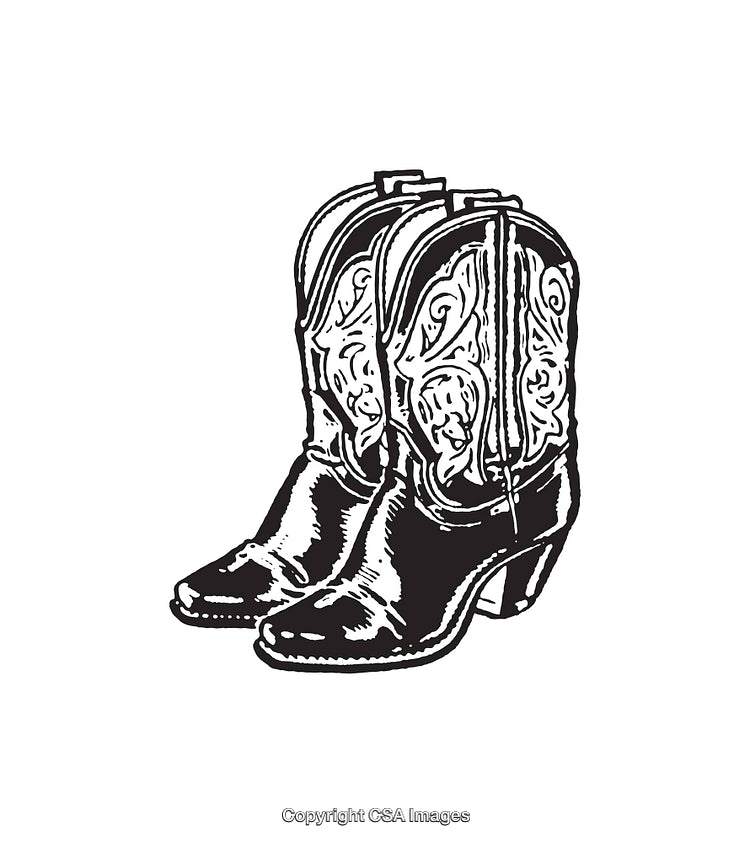 Black and White Detailed Illustration of Cowboy Boots