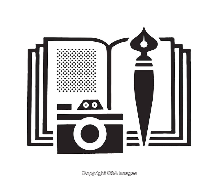 Black and White Line Art With Book, Camera, and Pen Symbols
