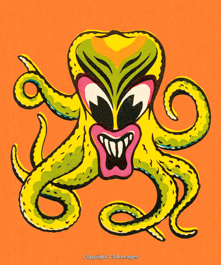 Abstract Illustration of a Colorful Octopus with Expressive Features on Orange Background