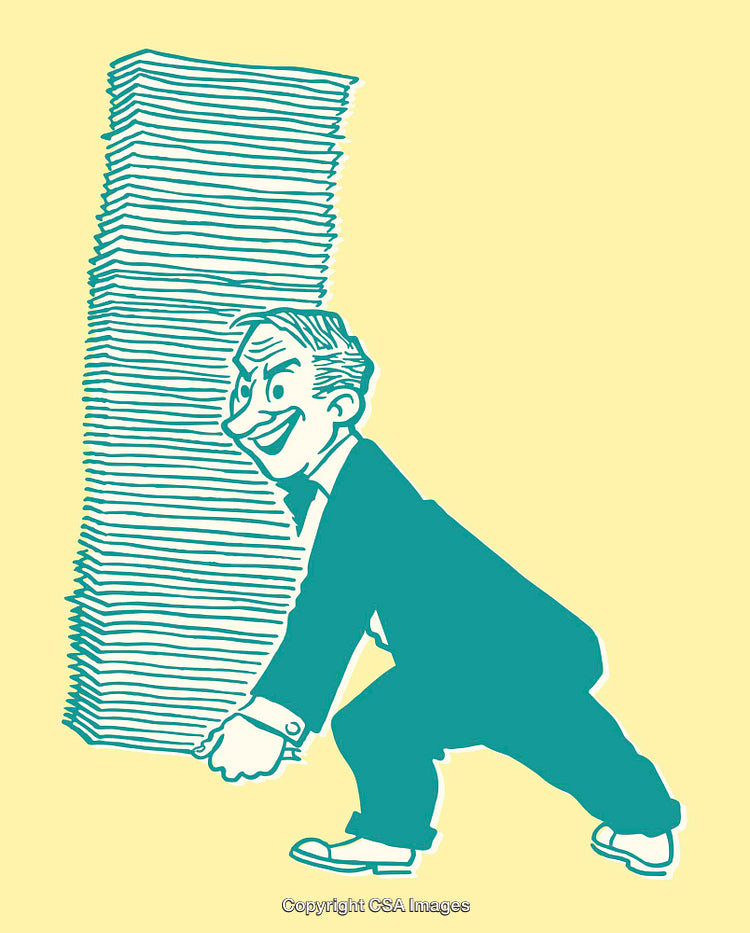 Businessman Entertaining Large Stack of Papers in Comic Artwork