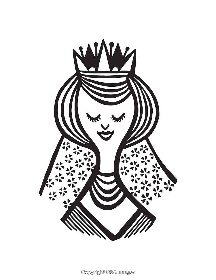 Elegant Line Art Illustration of a Crowned Woman with a Flowing Cape