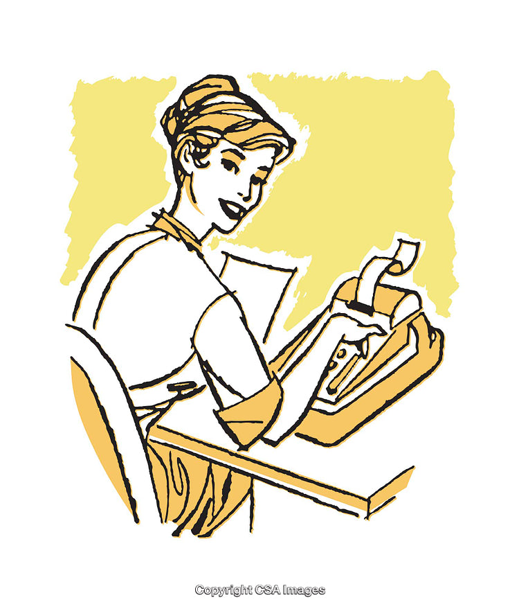 Retro Illustration of a Woman Using a Vintage Adding Machine