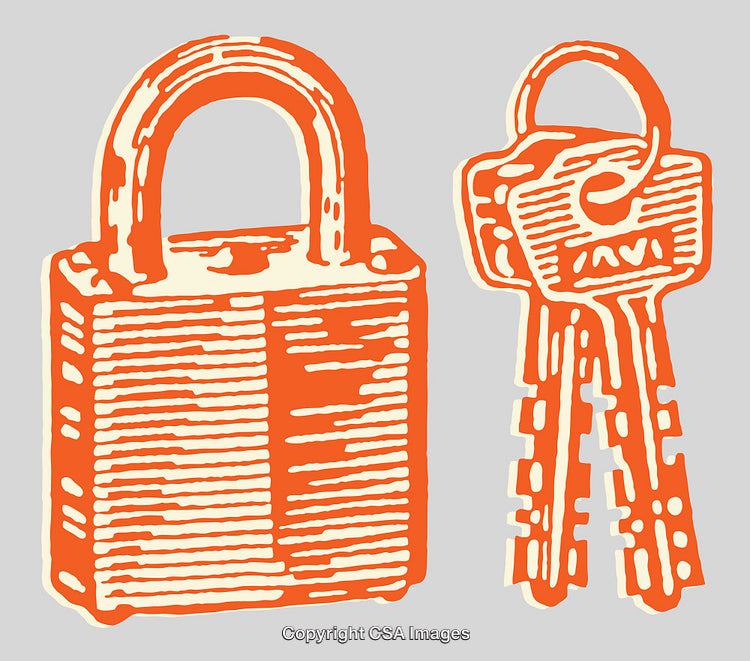 Vintage Style Orange Padlock and Keys Illustration on Gray Background